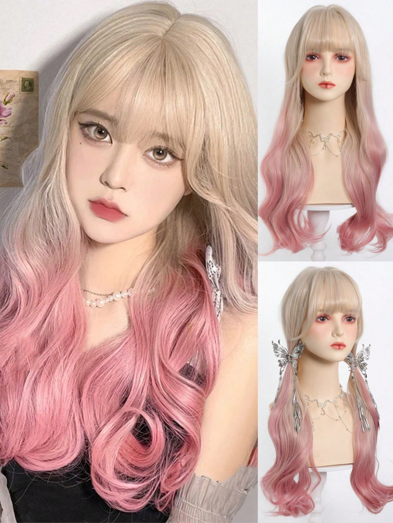 Blonde Pink Ombre Synthetic Wigs For Cosplay Long Straight Layered Wigs With Bangs For Women Heat... | SHEIN