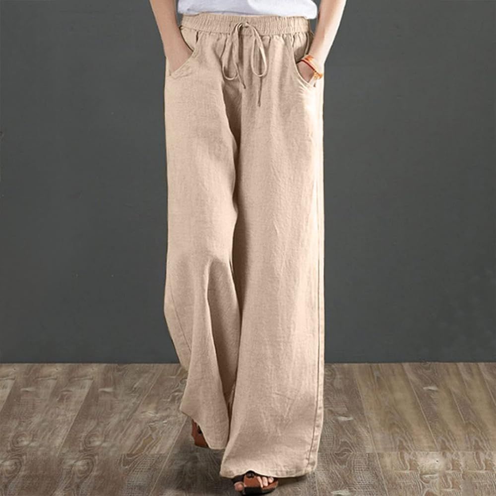 Pants Linen Casual Trouser Casual Cotton Loose Solid Simple and Cotton Pants Linen Women's Linen Pal | Amazon (US)