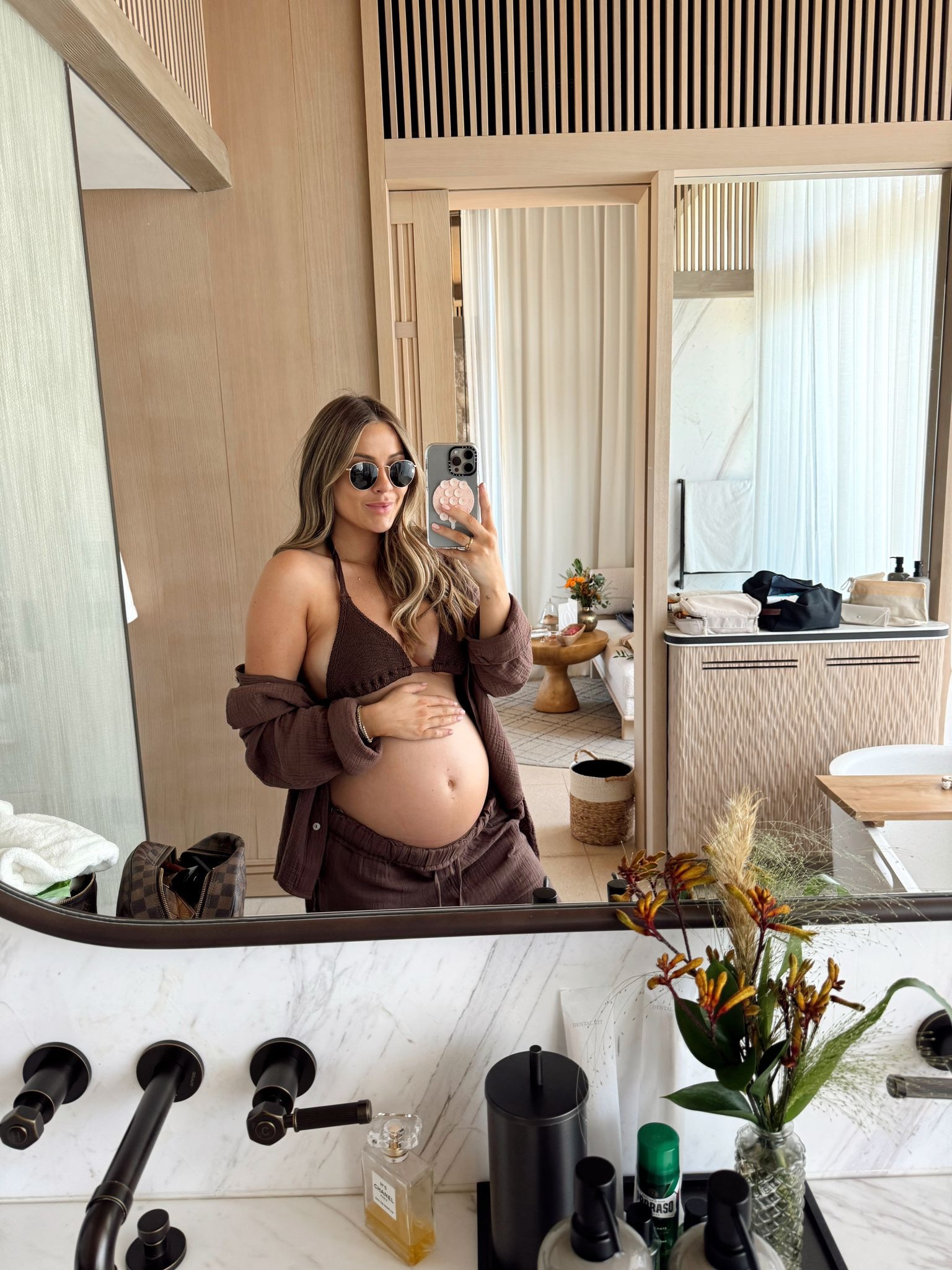 Chocolate brown neutral holiday maternity outfit - hunza g bikini, new look trousers & shirt co-ord 

#LTKuk #LTKmaternity #LTKsummer