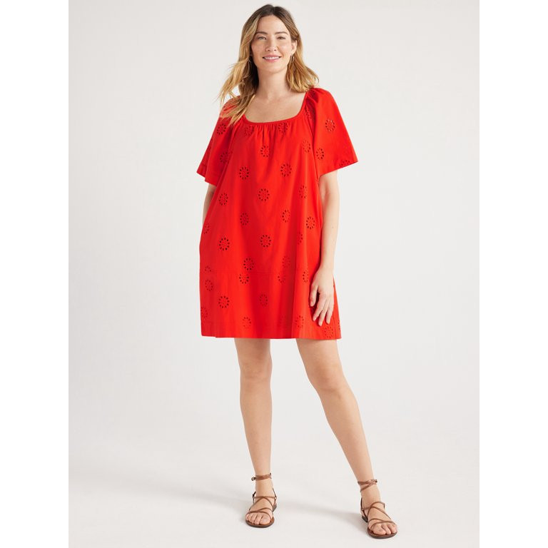 Free Assembly Women's Square Neck Eyelet Mini Dress with Short Sleeves, Sizes XS-XXL | Walmart (US)
