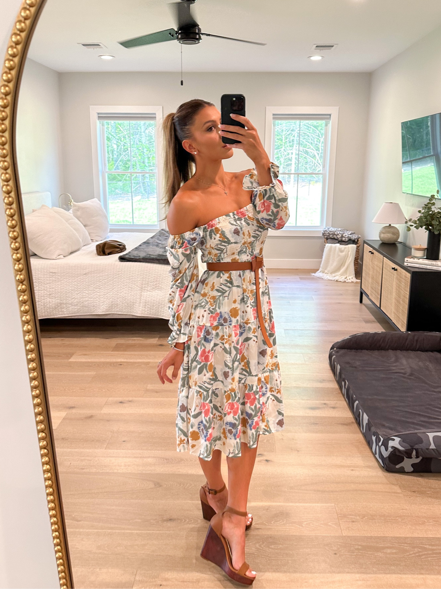 Springtime wedding guest 💐 

•may wedding, off the shoulder dress, puff sleeve, floral dress, amazon finds, wedding season, backyard wedding, brown leather waist belt, affordable 

#LTKwedding #LTKSeasonal #LTKunder50