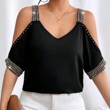 Beaded Detail Open Shoulder TShirt | SHEIN
