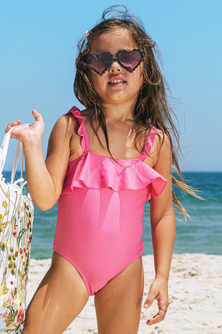 Girls' Joyful Retro Solid Ruffled Pink One Piece Swimsuit | Cupshe US