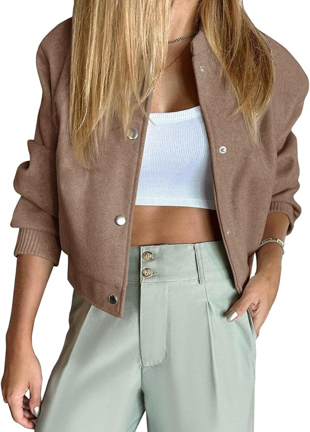 Tankaneo Womens Cropped Bomber Jacket Wool Blend Varsity Short Pea Coats Long Sleeve Button Down ... | Amazon (US)