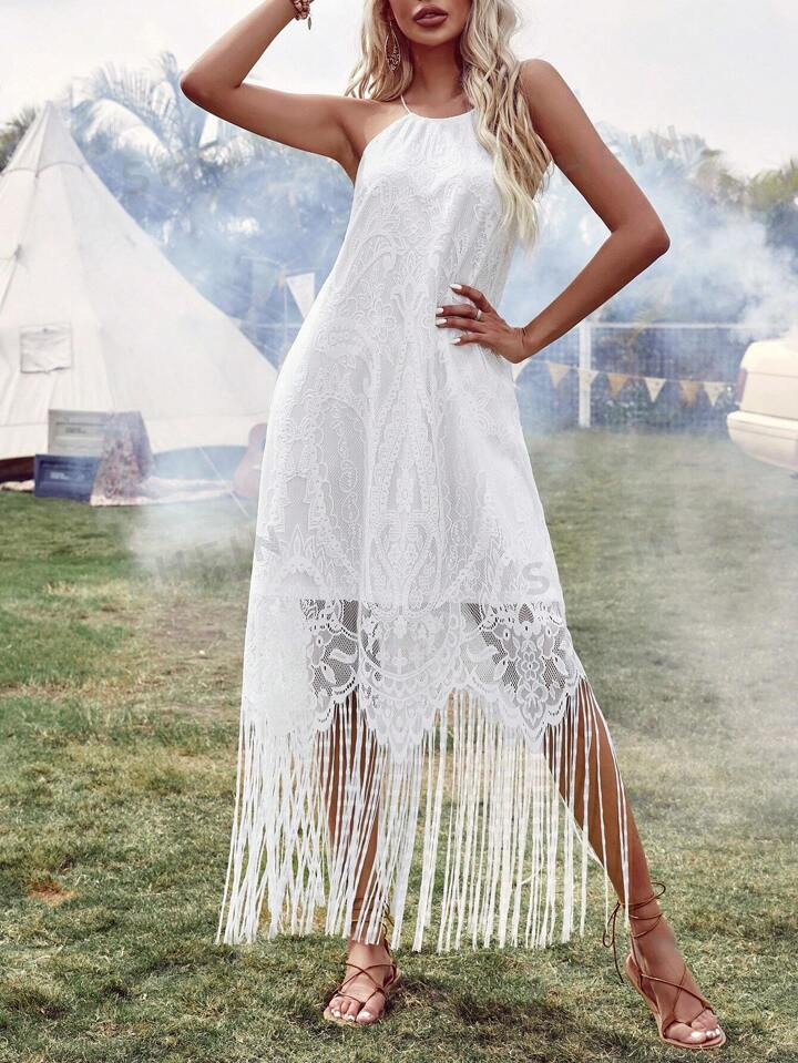 SHEIN VCAY Wedding Bohemian Country Festival Outfits Lace Tassel Halterneck Vacation Maxi Dress F... | SHEIN