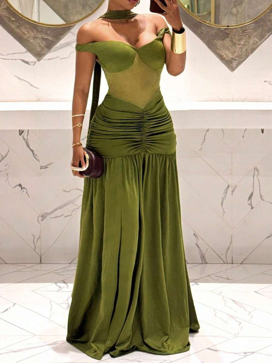 Veslaya Spring/Summer New Elegant Sexy Bodycon Solid Green Off-Shoulder Ruched Bust Cup Thigh Hig... | SHEIN