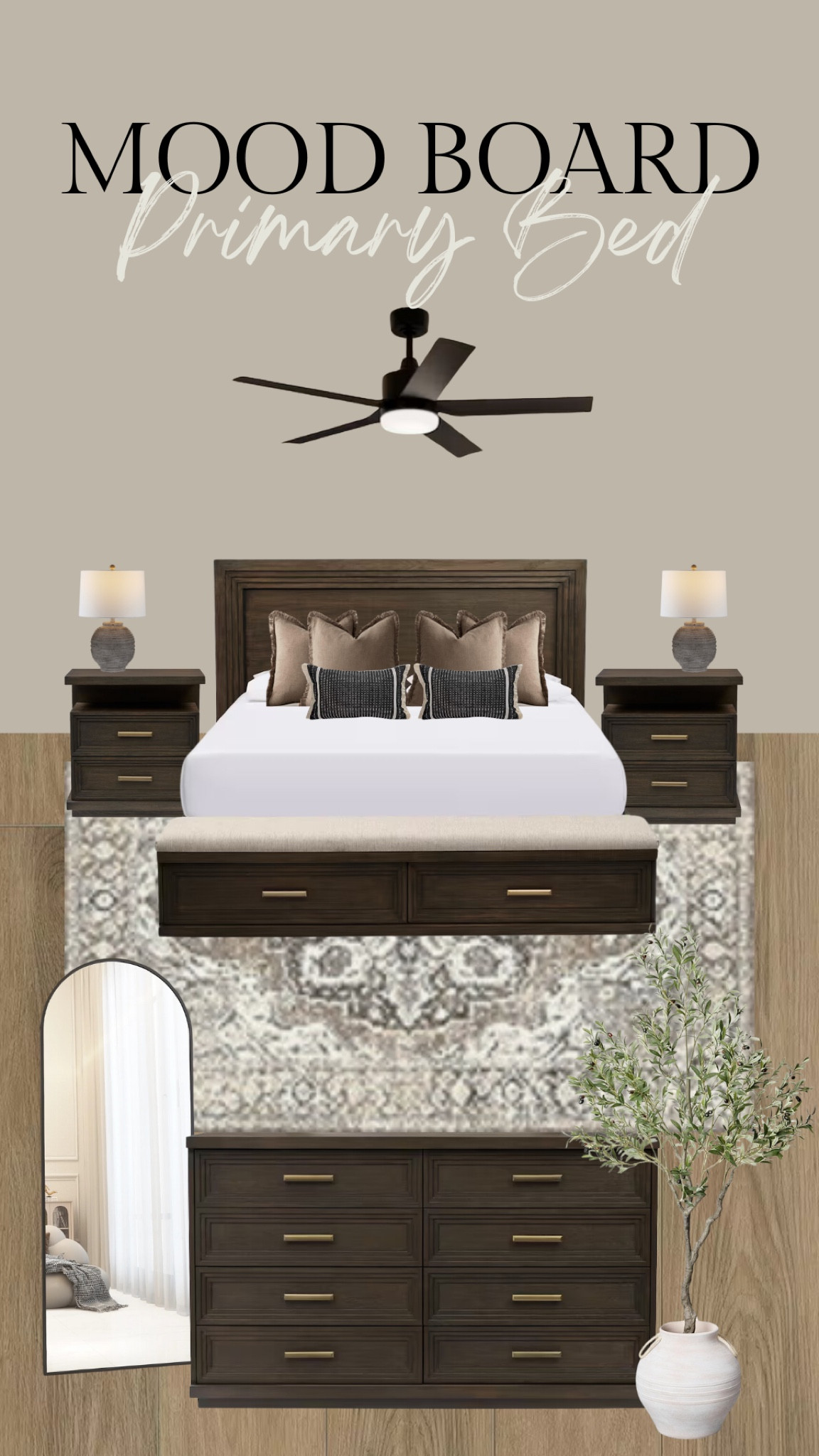 Mood board moody organic modern transitional bedroom primary dark brown walnut bed nightstand lamps throw pillows mirror floor length dresser area rug Amazon value city furniture faux tree olive storage trendy viral home interior design decor 

#LTKHome #LTKFindsUnder100 #LTKFamily