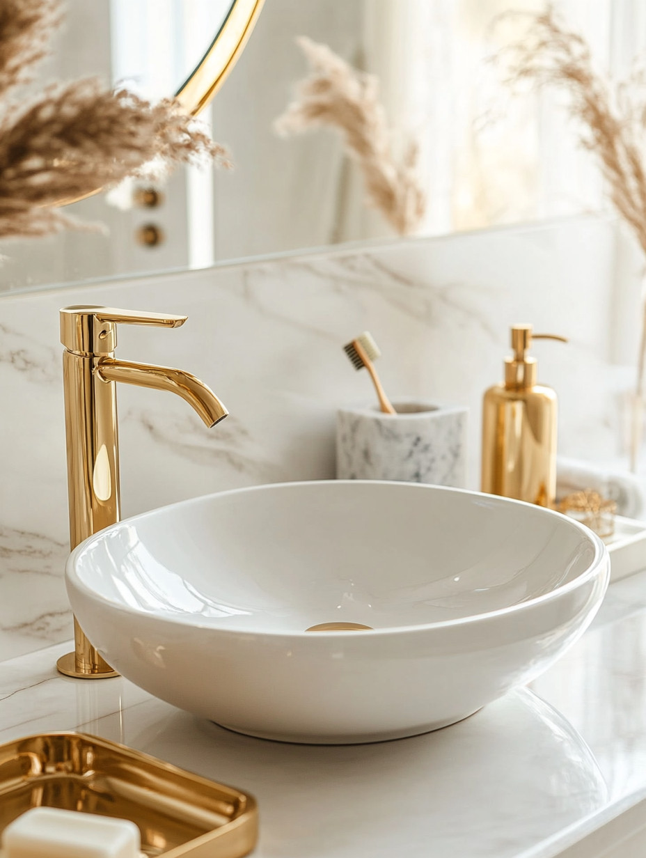 Create a modern, luxurious powder room with a sculptural bowl-style bathroom basin paired with warm gold accents. The clean, rounded silhouette of the basin keeps the space feeling minimal and refined, while polished gold hardware adds just the right touch of glamour.

This setup is perfect for a power room or guest bathroom where design matters most. Gold faucets, matching accessories, and soft neutral surfaces work together to create a space that feels elevated, intentional, and effortlessly elegant — proof that simplicity, when done well, is the ultimate luxury.

#powderroomdecor #luxurybathroom #goldbathroom 

 #LTKHome