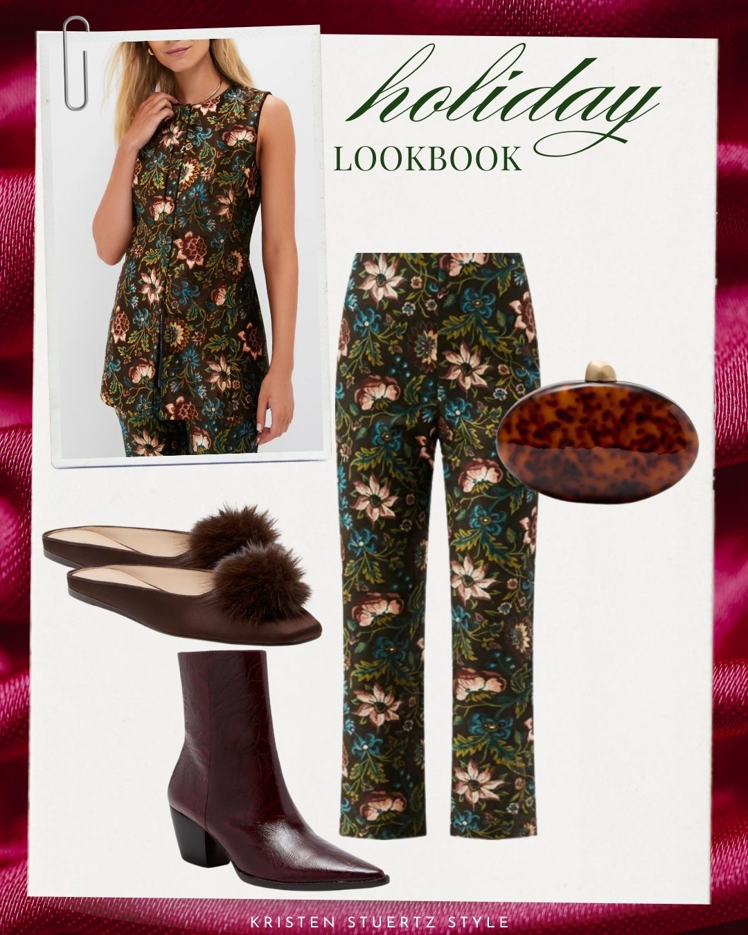 12/10: Tnuck is offering free delivery before the holidays!

I love this floral printed vest and matching cropped pants set. I’ve paired it with Tnuck’s Pom Pom flats for a dressy-casual look as well as leather boots to dress it up. Last, a coordinating tortoise shell clutch to complete the look.

#cropped pants #slides #mules #flats #holiday outfits #christmas look 

#LTKootd #LTKSaleAlert #LTKHoliday