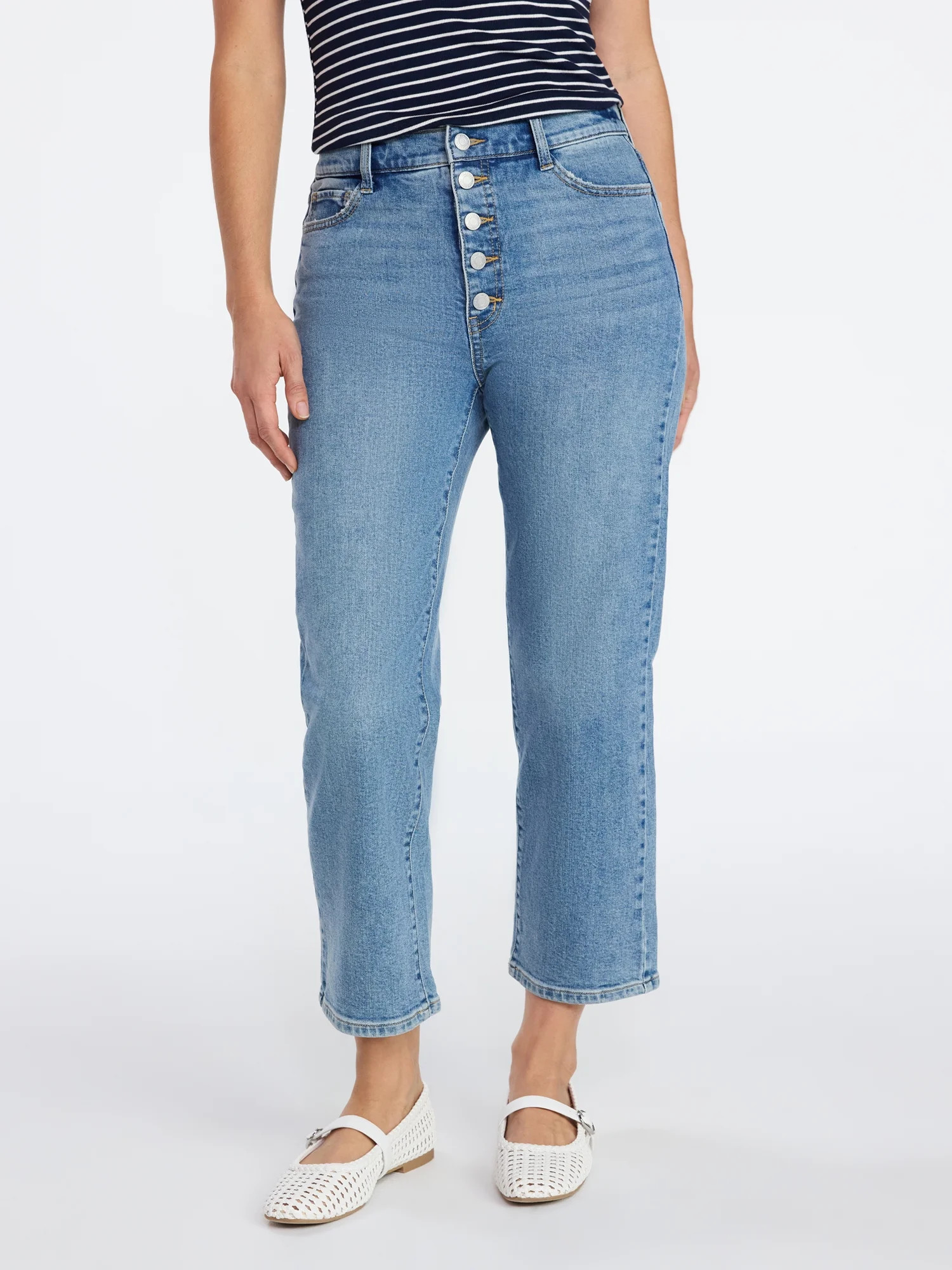 Time and Tru Women's High Rise Button Fly Cropped Jeans, 26.5" Inseam, Sizes 0-22 | Walmart (US)
