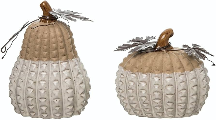 One Holiday Way Elegant Set of 2 Decorative Ceramic Tactile Textured White and Tan Faux Pumpkin F... | Amazon (US)