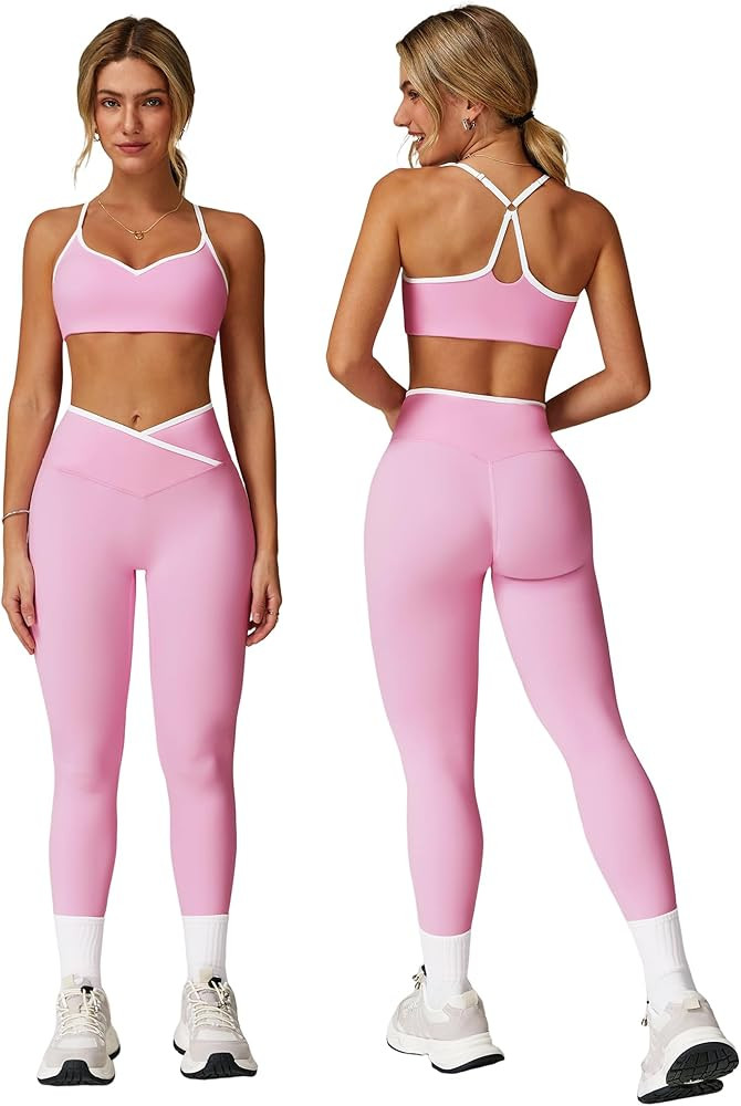 Women 2 Piece Workout Sets ColorBlock Cross Back Sports Bra High Waist Tummy Control Active Leggi... | Amazon (US)