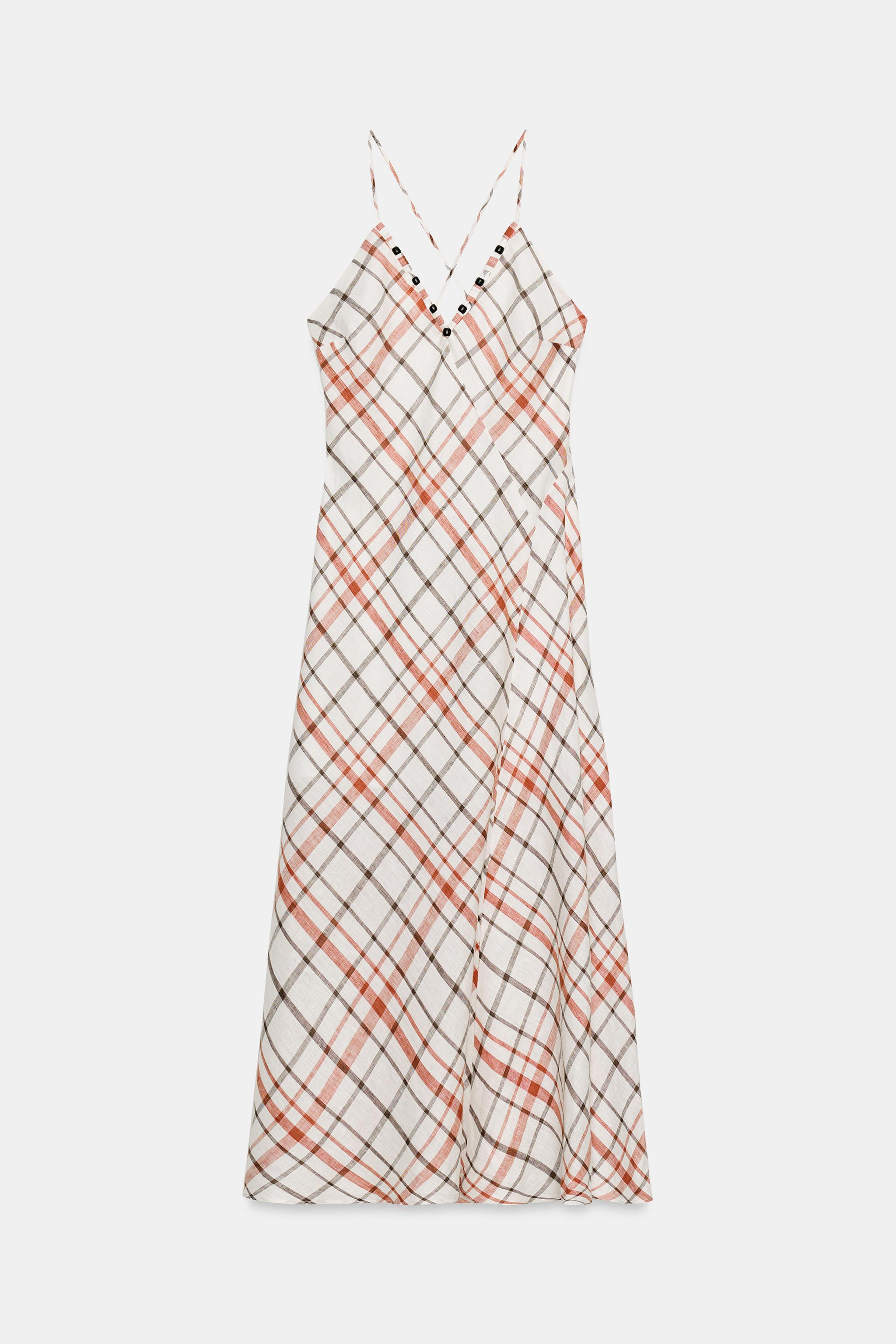 PLAID LINEN BLEND MIDI DRESS | Zara US