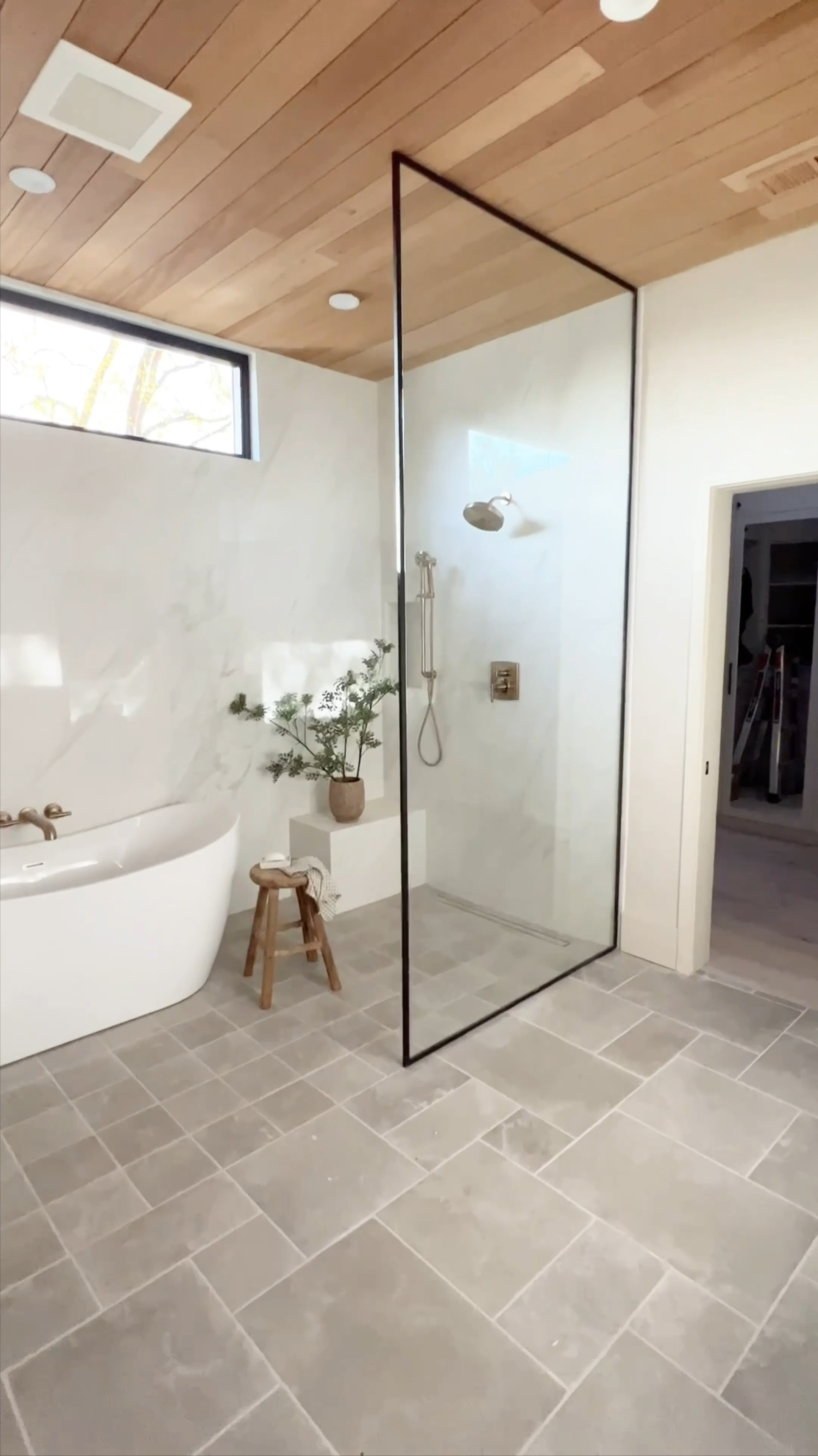 Shower wall panel such a modern addition bathroom design, wooden stool wood stool fake plant green branches vase white tub brass faucet brizo brass shower framed shower glass glass door 

#LTKsalealert #LTKhome #LTKfindsunder100