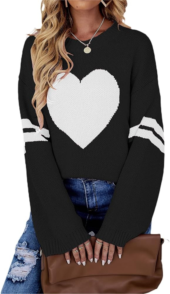 Mxiqqpltky Heart Print Sweater for Women Long Sleeve Crewneck Valentine Knitted Pullover Love Swe... | Amazon (US)