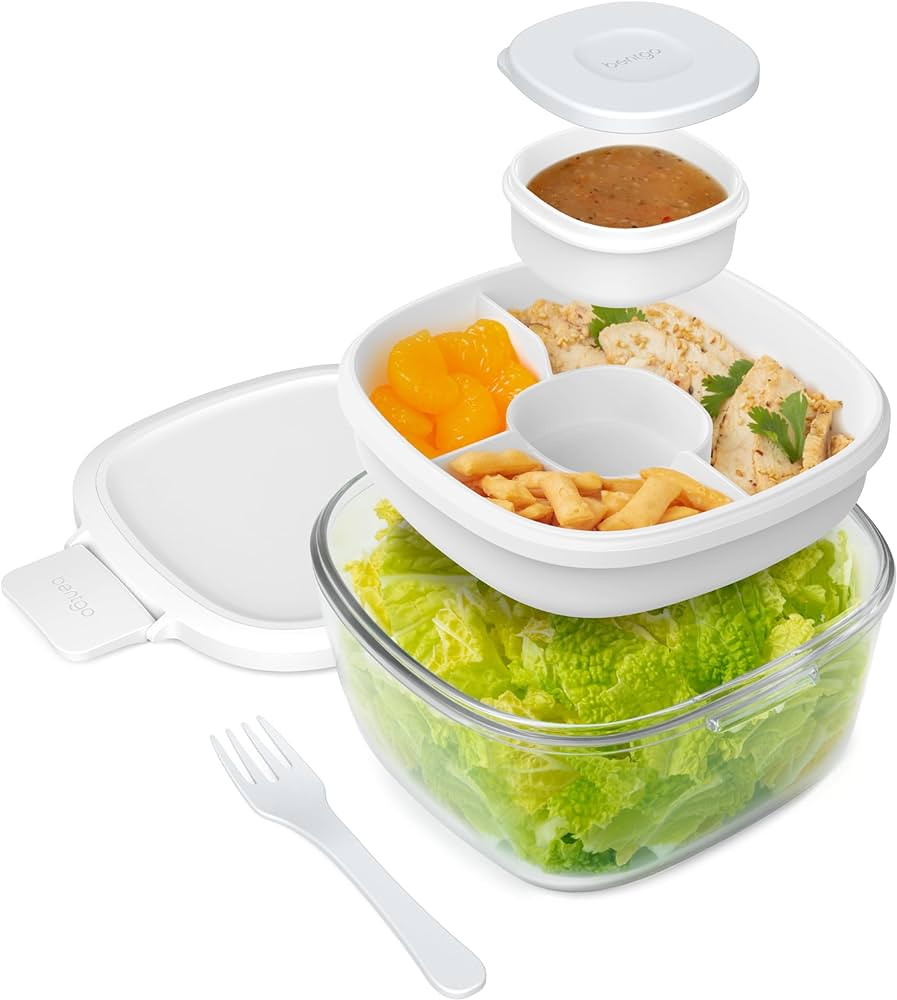 Bentgo Glass All-in-One Salad Container - Large 61-oz Salad Bowl with Lid, 4-Compartment Bento-St... | Amazon (US)