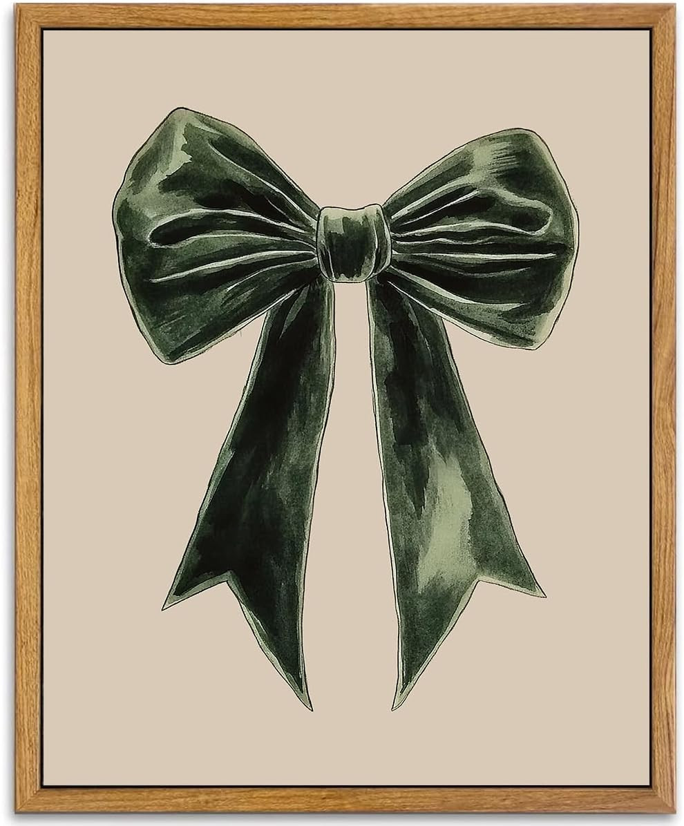AtterrirArt Bow framed wall art, cute canvas picture print, vintage green wall decor, bedroom wall art for teenage girls, trendy dorm decor aesthetic, ready to hang, 12 * 16 inches | Amazon (US)