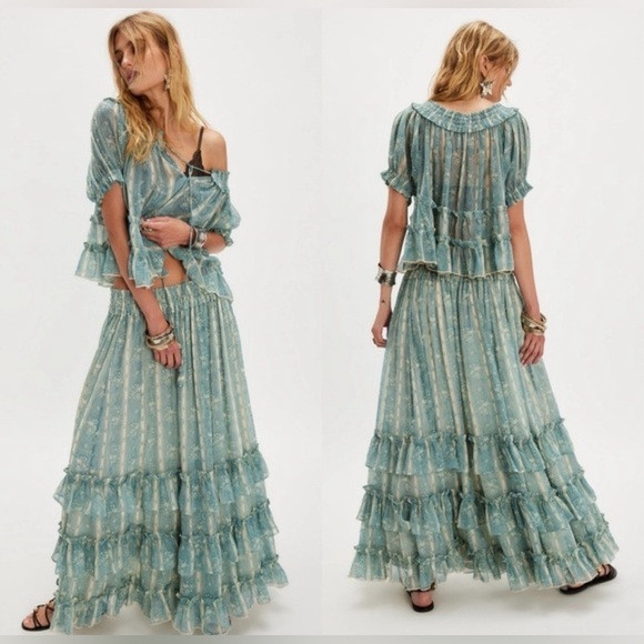 NEW Free People Morning Mist Short Sleeve Top & Maxi Skirt Set sz S | Poshmark