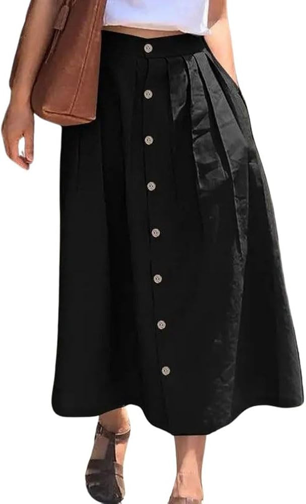 chouyatou Women's High Waisted Button Front Skirt A-Line Pleated Cotton Midi Long Skirt with Pock... | Amazon (US)