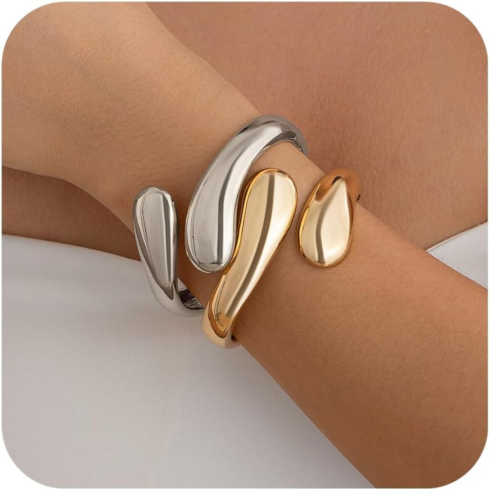 Gold Bangle Bracelets for Women Trendy Minimalist Chunky Cuff Statement Bracelet Stack 18K Gold P... | Amazon (US)