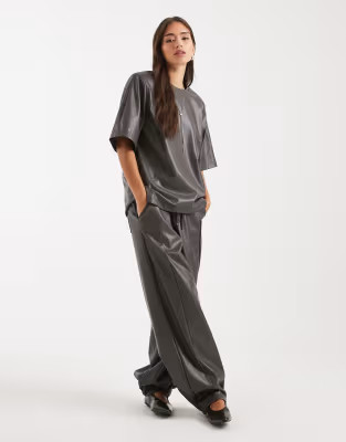 ASOS DESIGN faux leather oversized top & barrel leg pull-on pants set in gray | ASOS (Global)