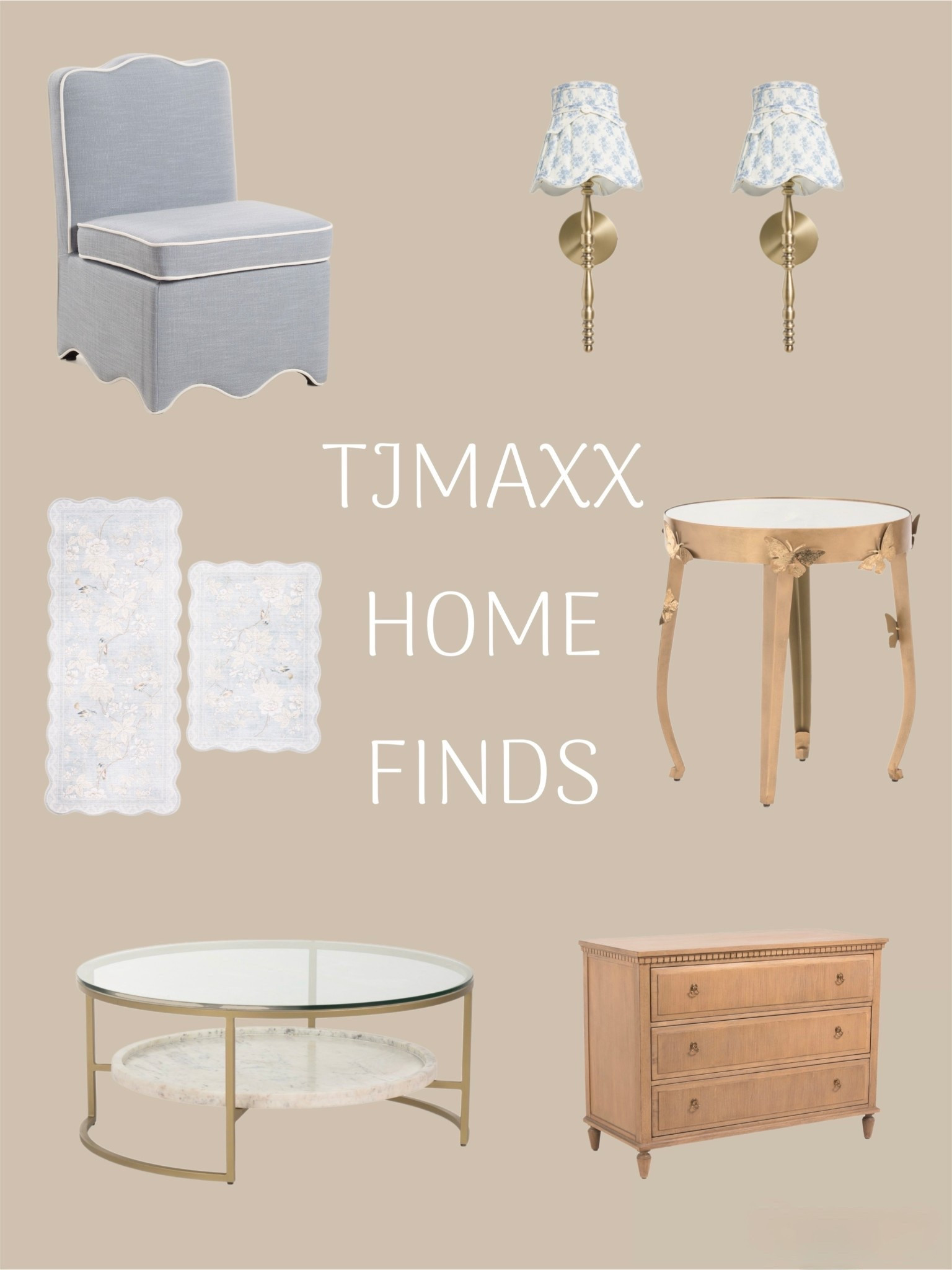 Tjmaxx home finds
Marble and gold coffee table 
Butterfly side table
Blue and white sconces
Bedside table 
Accent runner

#LTKHome #LTKSaleAlert #LTKOver40
