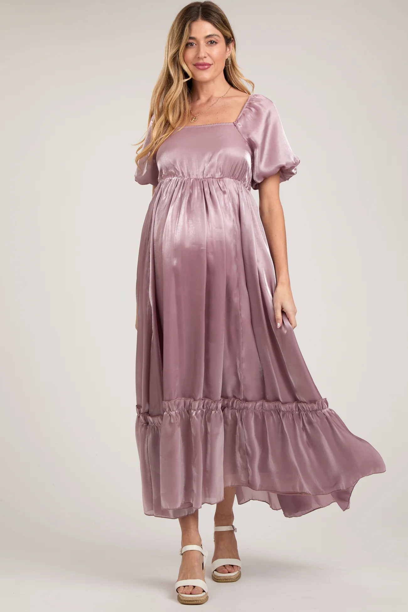 Mauve Satin Square Neck Short Puff Sleeve Maternity Maxi Dress | PinkBlush Maternity