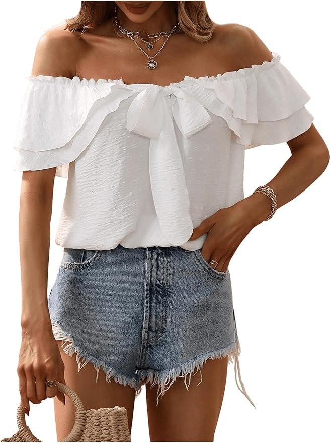 SweatyRocks Women's Off Shoulder Ruffle Trim Knot Front Blouse Tiered Layer Butterfly Short Sleev... | Amazon (US)