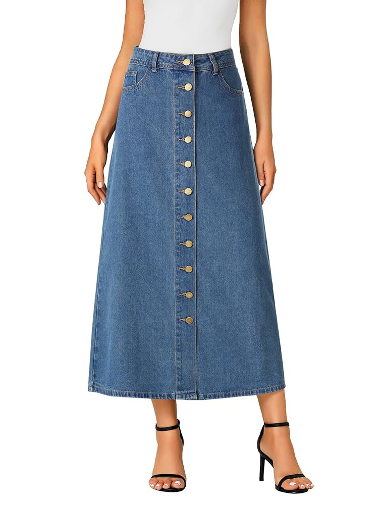 Vrtige Women's Casual Button Down High Waisted A Line Jean Midi Long Denim Skirt with Pockets | Amazon (US)