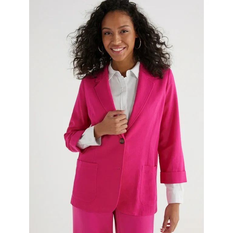 Time and Tru Women’s Linen-Blend Button Front Blazer with Patch Pockets, Sizes S-XXXL | Walmart (US)