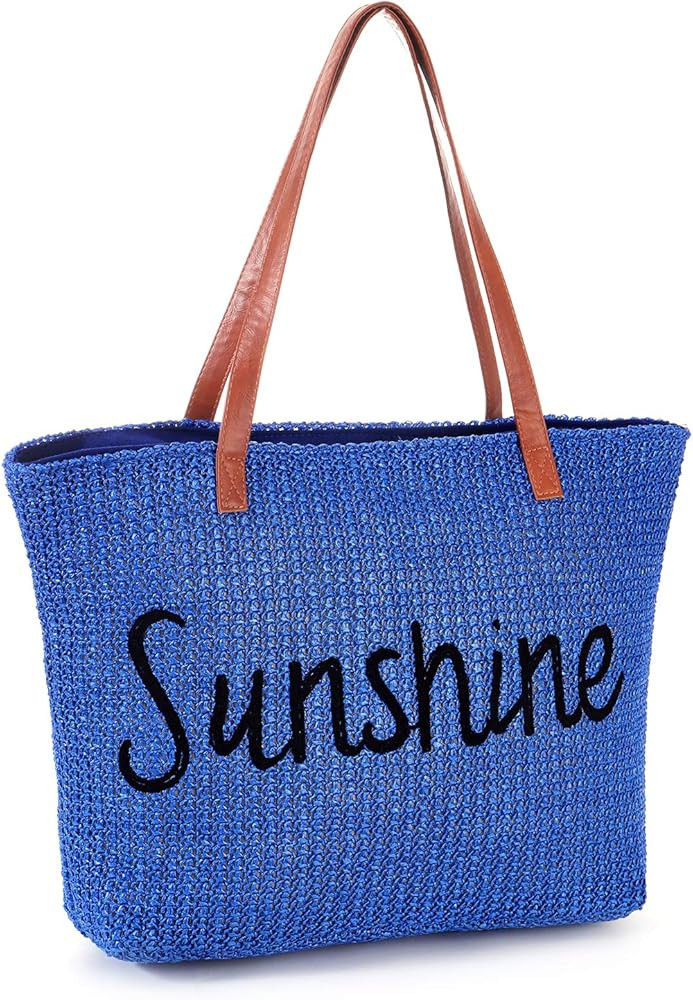 Women Beach Tote Summer Purse Handbag Utility Bag Zipper, Blue Cute XL Large Woven Straw for Trav... | Amazon (CA)
