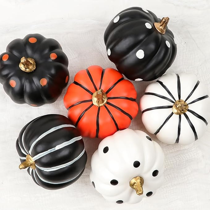 Halloween Decorations Indoor - Set of 6 Halloween Pumpkin Decor - Black White and Orange Pumpkins... | Amazon (US)