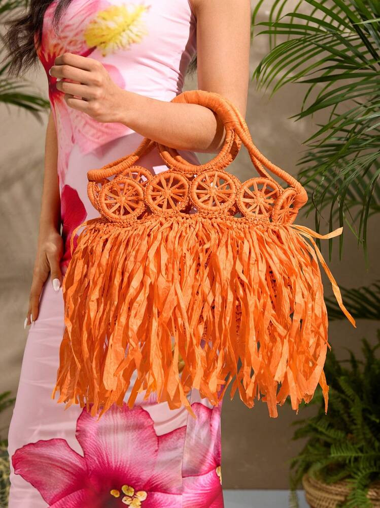 SHEIN SXY Ladies, Women Top Handle Bags, Straw Bag, Hollow, Orange, Tassels, Fashionable, Elegant... | SHEIN