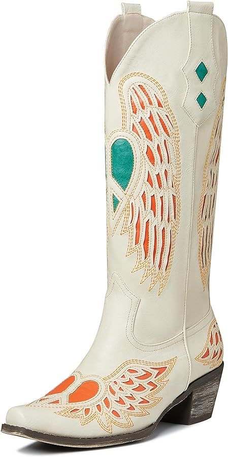 Knee High Cowboy Boots for Women Snip Toe Pull-on Embroidery Heart Mid Calf Western Boots Bridal ... | Amazon (US)