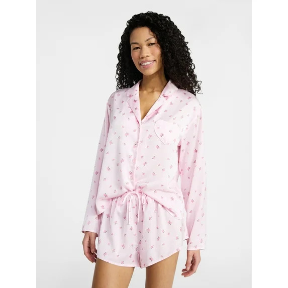 No Boundaries Sleepwear Satin Long Sleeve Button-Up Top and Shorts Set, 2-Piece, Women’s XS-XXL | Walmart (US)