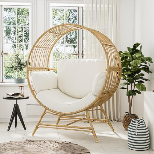 Bifanuo Oversized Egg Chair Indoor/Outdoor Rattan Hanging Basket Chair with Thickened Cushion Supports 350LBS – Wicker Patio Lounge Chair for Balcony Porch Living Room Backyard (Beige) | Amazon (US)