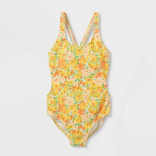 Girls' Floral Print One Piece Swimsuit - art class™ Yellow | Target
