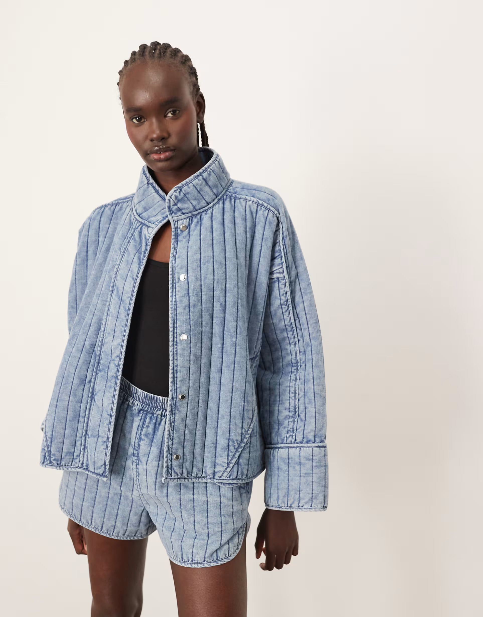 ARRANGE quilted distressed-look boxy jacket with wide sleeves in washed blue - part of a set | ASOS (Global)