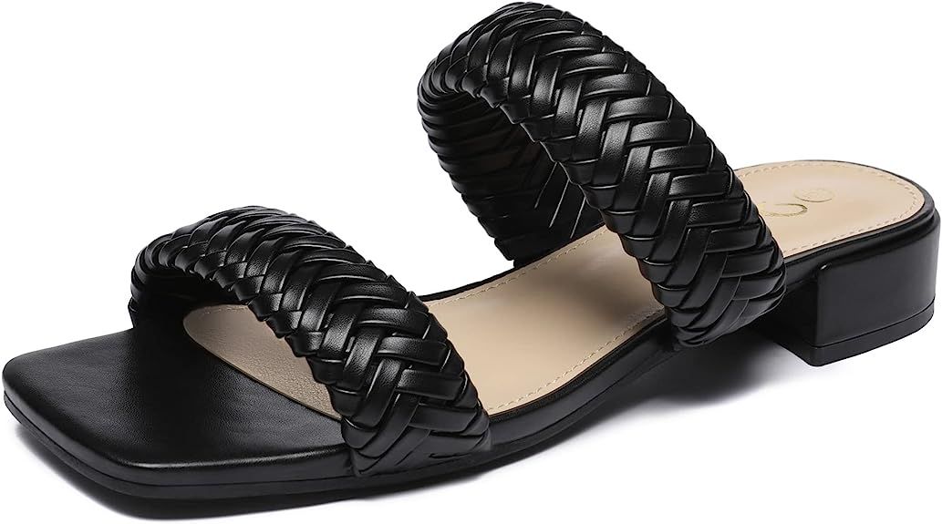 Athlefit Women's Braided Low Block Heel Sandals Square Open Toe Slip On Woven Slides | Amazon (US)