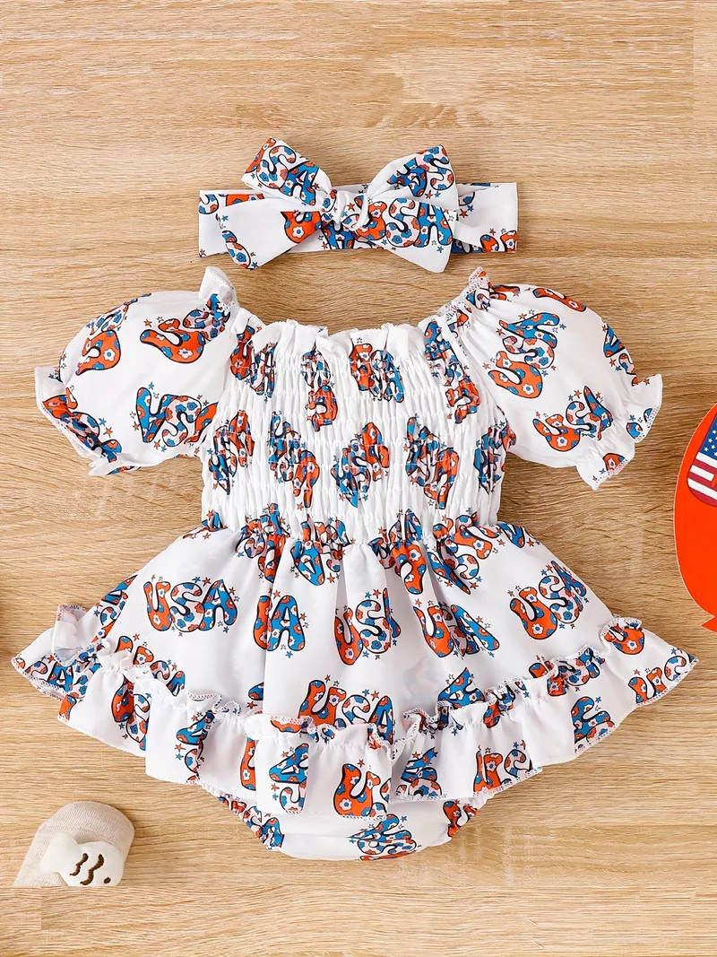 2pcs Baby Girls "USA" Firework Print Cute Puff Sleeves Onesie Dress & Headband For Independence Day, | Temu Affiliate Program
