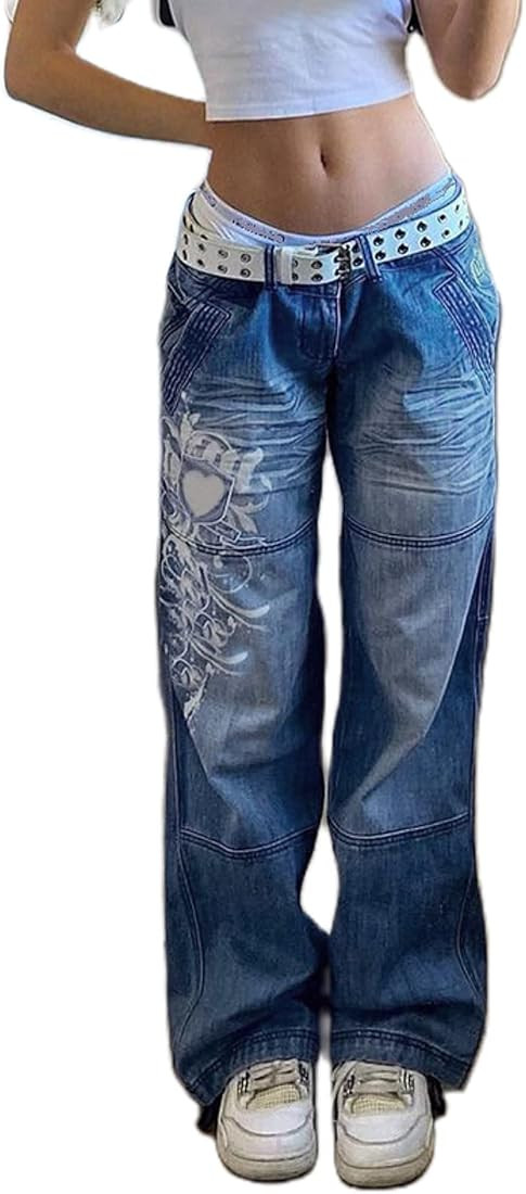 Indie Aesthetic Y2K Low Waist Pants 90s Low Rise Cargo Baggy Trousers Pockets Hippie Denim Bell B... | Amazon (US)