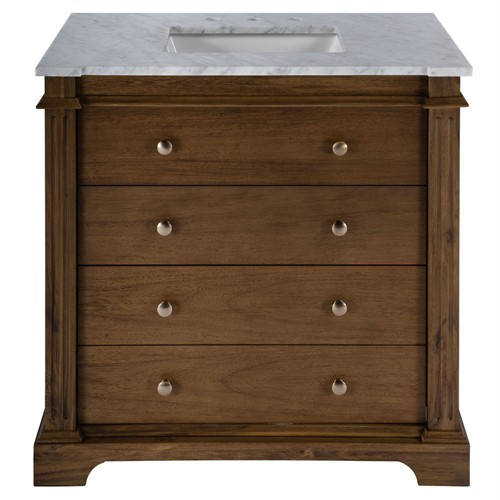 Faelan Updated Traditional Grey Marble Brown Acacia Single Vanity Sink - 36" | Kathy Kuo Home