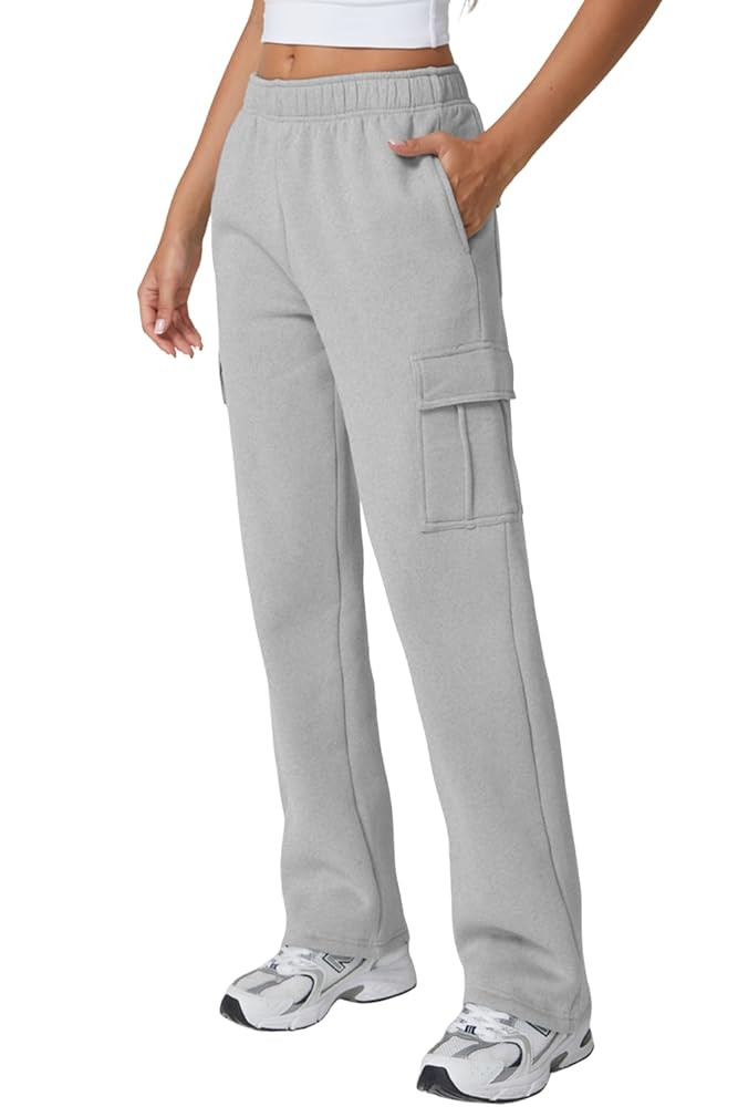 QINSEN Womens Medium Waist Baggy Elastic Waist Sweatpants Casual Fleece Long Pants with Pockets | Amazon (US)
