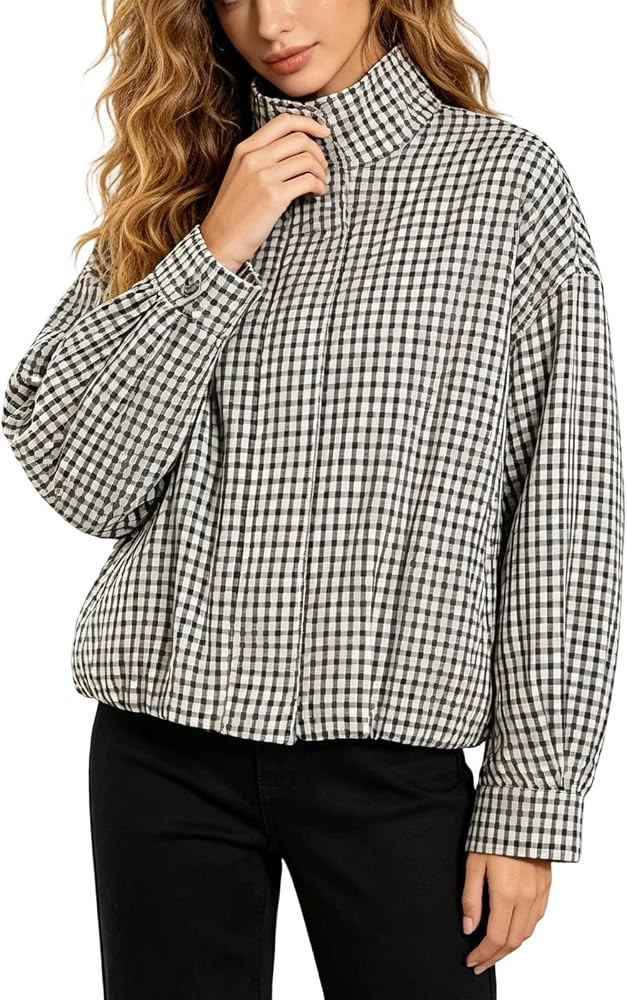 Womens Plaid Jacket High Neck Drawstring Hem Casual Lightweight Streetwear | Amazon (UK)