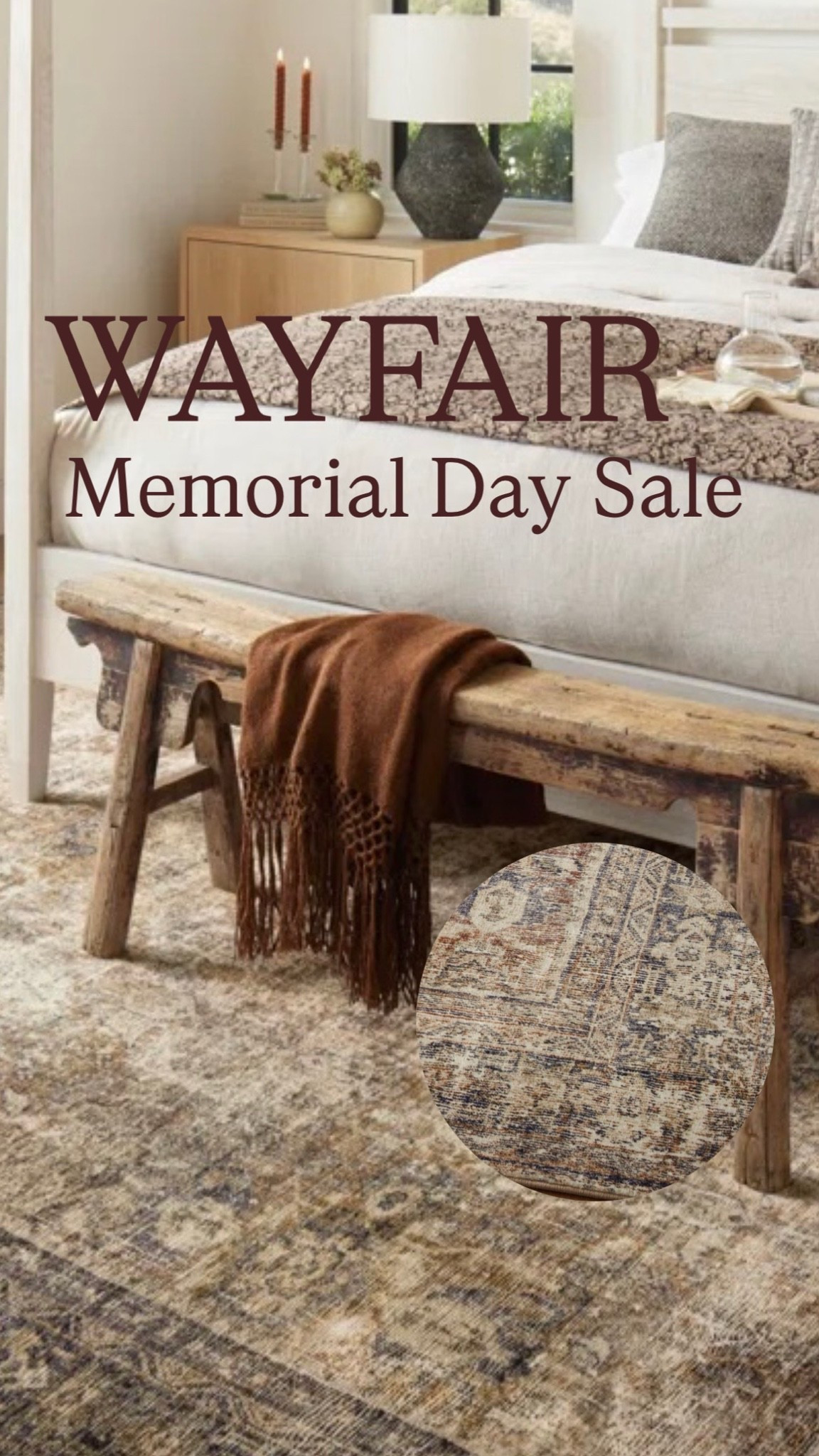 Wayfair’s Memorial Say Sake favorite finds
-Loloi sunset-ink rug
- Vintage style wood bench
-throw blankets
- lamps
- bedding