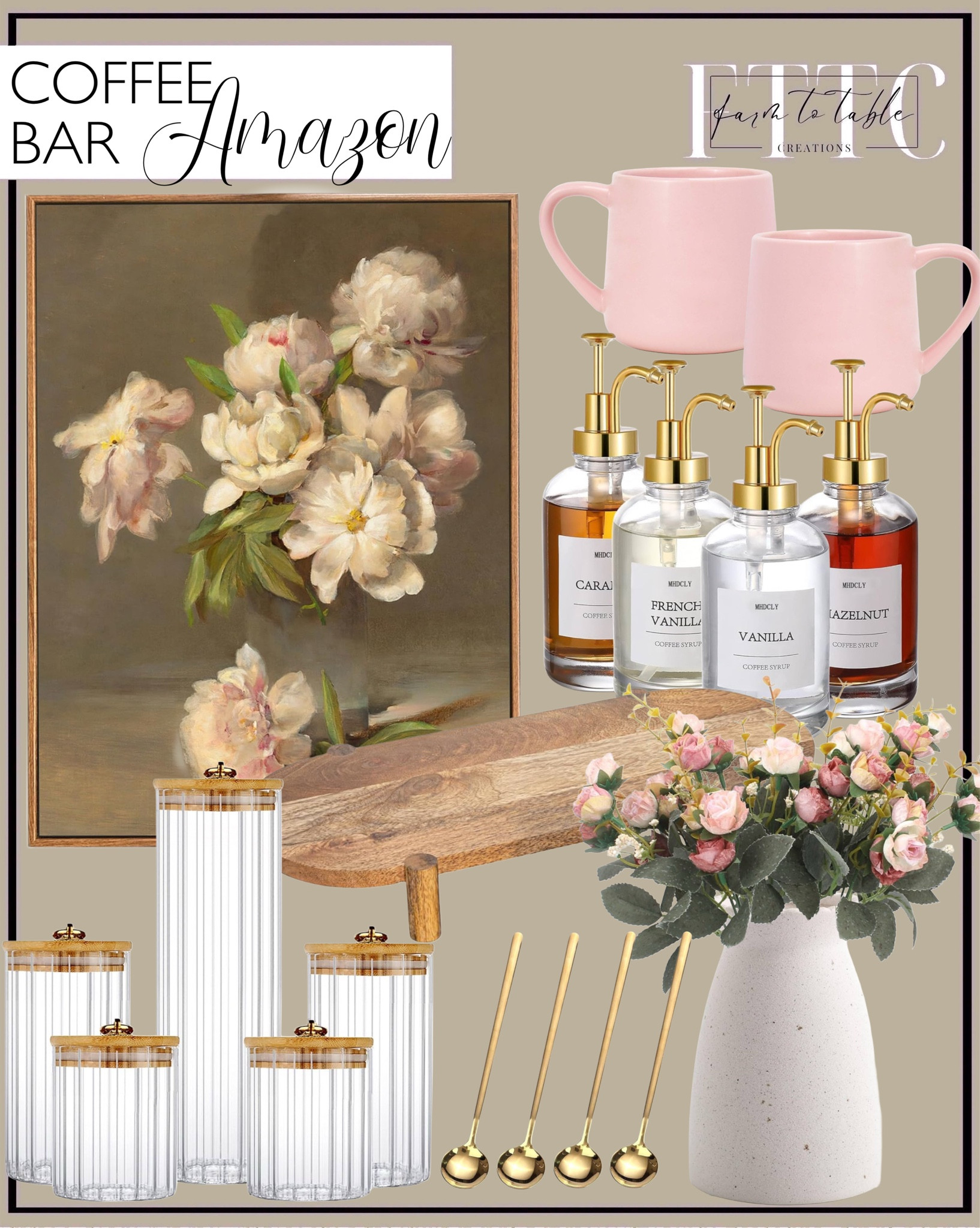 Spring Coffee Bar. Follow @farmtotablecreations on Instagram for more inspiration.

Syrup Dispensers. Glass Cups with Lids & Straws. Heart Shaped Spoons. Coffee Spoons. Ceramic Coffee Mugs. Artificial pink flowers. Floral Vase. Ribbed Glass Storage Jars. Mango wood riser. Floral Framed Art. 

Coffee Bar | Dining Room | Dining Room Artwork | Bathroom Finds | Bedroom Finds | Living Room | Bedroom Furniture | nightstands | Home Decor| Fireplace Decor | Spring Refresh |  Bedroom Finds | Neutral Stems | Spring Stems | Bookshelf Decor | Bedroom Space | Cozy Corner | Bathroom | Curated Entryway | Spring  Decor | End of Year Clearance | Trending Decor | Viral Decor | Amazon Holiday | Bedroom corner | Coffee Table Decor | Neutral Decor | Fall Stem Sale | Target Finds | Skinny Bench | Bedroom | Living Room | Breakfast Nook | Amazon Home | Target Sale | Loloi Rugs | Magnolia Home | console table | console table styling | faux stems | entryway space | front porch decor | neutral decor | entryway decor | cozy home | affordable decor |  home decor | home inspiration | console styling | entryway rug | cozy moody home | moody home decor | neutral home | bathroom decor | living room | spring decor | Hearth & Hand | Studio McGee | 2025 Home Trends | trending home 




#LTKSaleAlert #LTKHome #LTKFindsUnder50