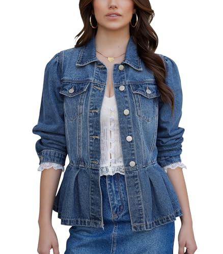 MISS MOLY Women's Denim Jacket Puff Sleeve Button Down Ruffle Hem Jean Jacket Coat | Amazon (US)