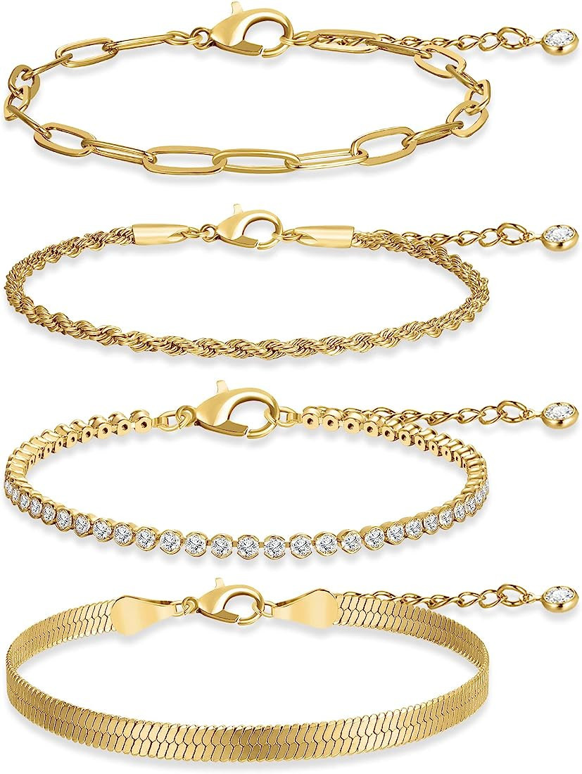 Gold Link Bracelets Sets for Women Girls, 14K Gold Plated Dainty Classic Adjustable Paperclip Lay... | Amazon (US)