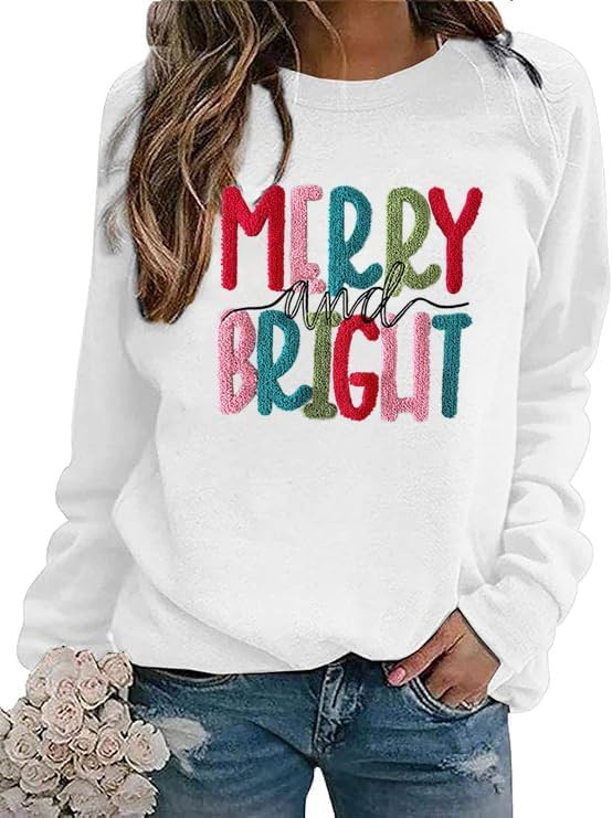 Christmas Sweatshirt Women Merry And Bright Christmas Pullover Shirt Novelty Chenille Patch Xmas ... | Amazon (US)