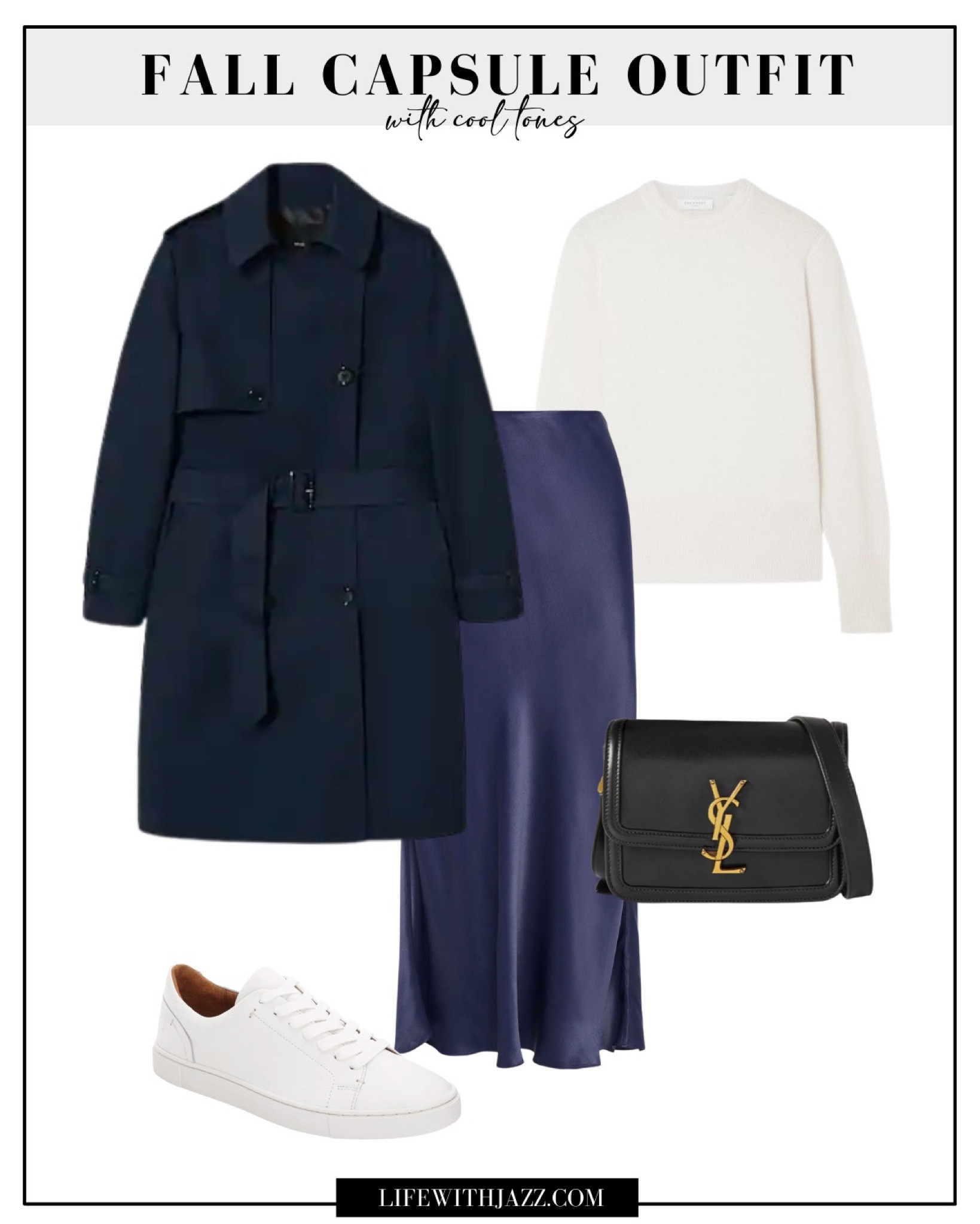 Fall capsule inspo with cool tones 

Trench coat / cashmere sweater / silk skirt / YSL bag / white sneakers 

#LTKSeasonal #LTKunder100 #LTKstyletip